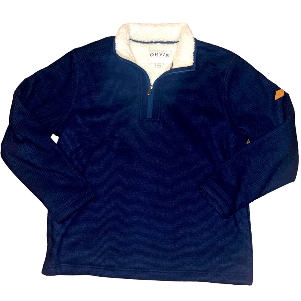 Orvis Sherpa Fleece Lined 1/4 Zip Pullover with Pockets Blue & White Size Large - Picture 12 of 12
